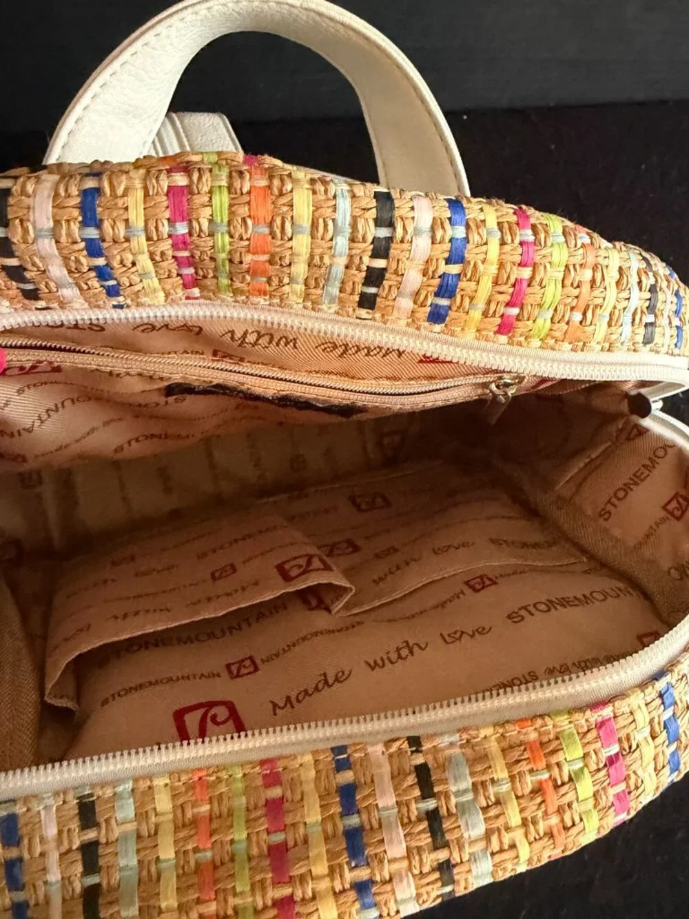 NWT Stone Mountain Multicolor Woven Straw Dome Handbag/Backpack